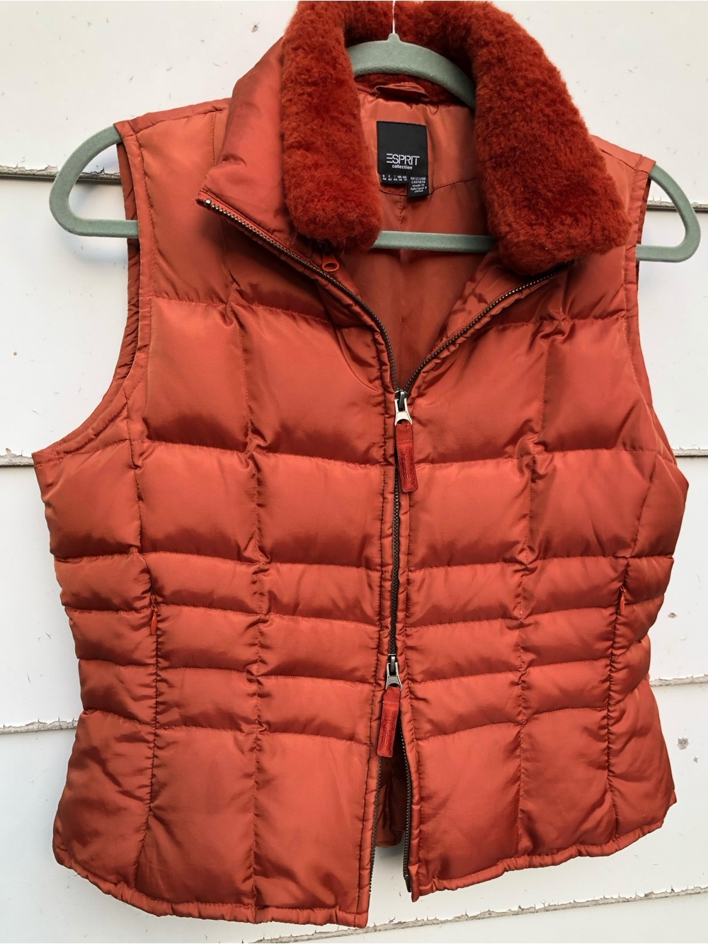 Y2K 90s Esprit Rust Orange Quilted Down Filled Puffer Vest with Faux Fur Collar